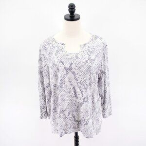 Hearts Of Palm Gray Rhinestone Snakeskin Open Slit Round Neck Blouse Top XL Cott